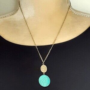 Gold Tone Faux Turquoise Pendant Necklace 24" Delicate Chain Double Pendant Boho